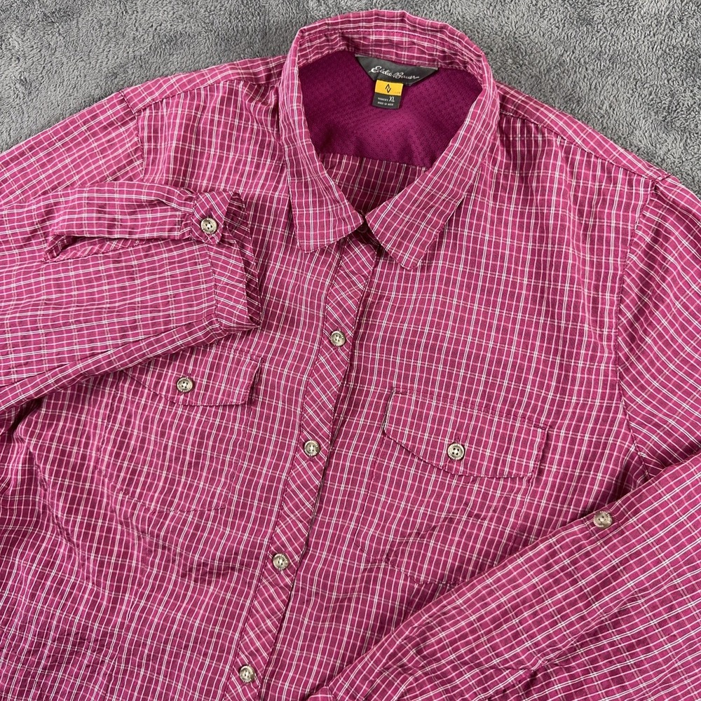 Eddie Bauer Shirt Womens XL Plaid Travex Roll Tab Vented Pockets Gorpcore Hiking